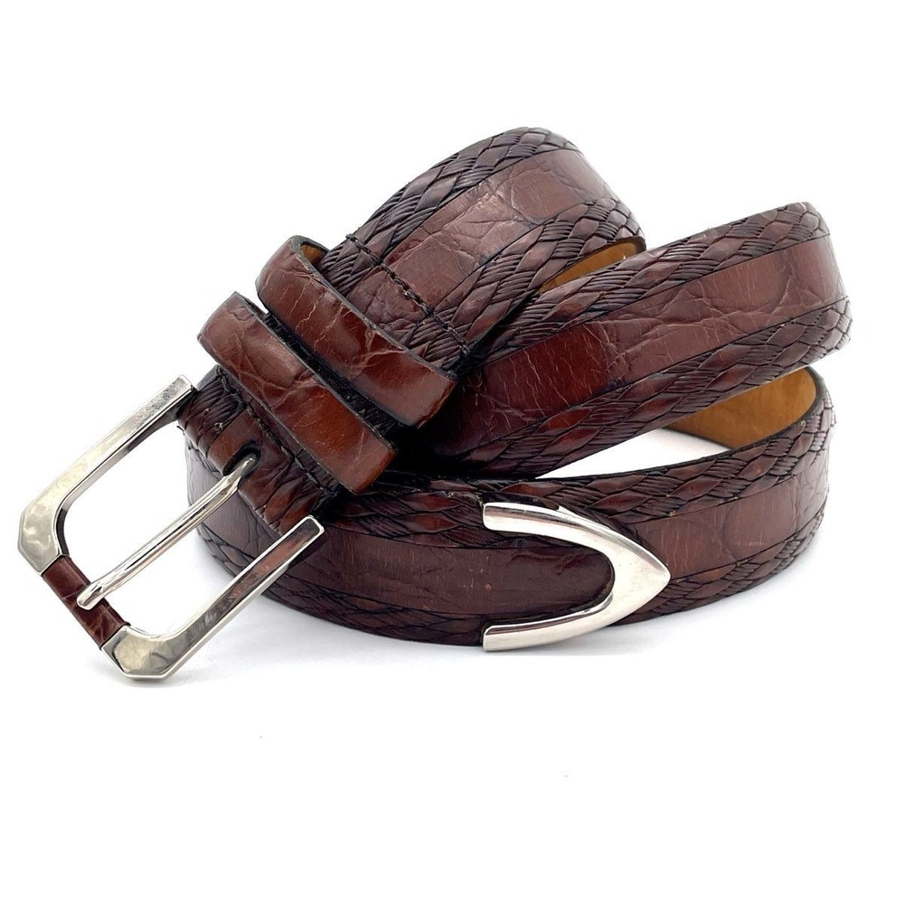 VTG Tulliani Brown Calfskin Croc Leather Belt 40 Handcrafted Western Exotic Men